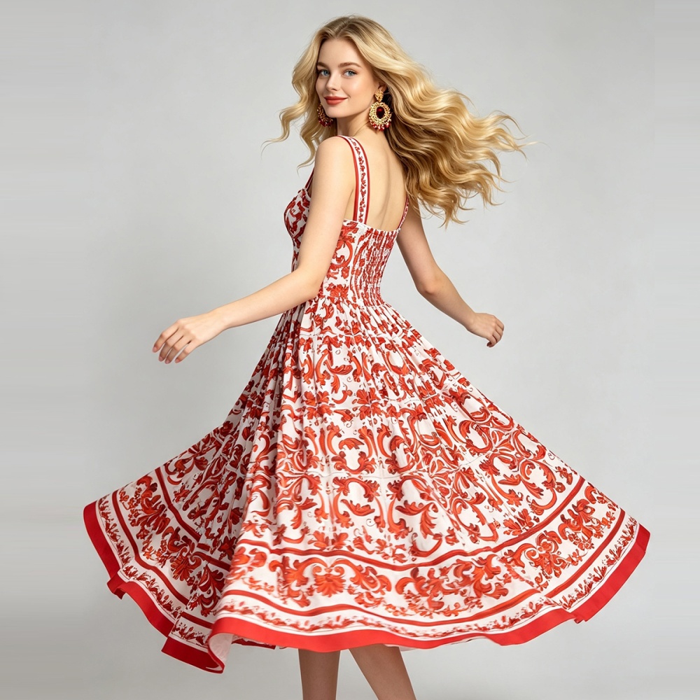 Printing sling wrapped chest stereoscopic retro dress