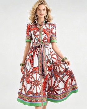 Lapel big skirt pinched waist shirt bandage A-line dress