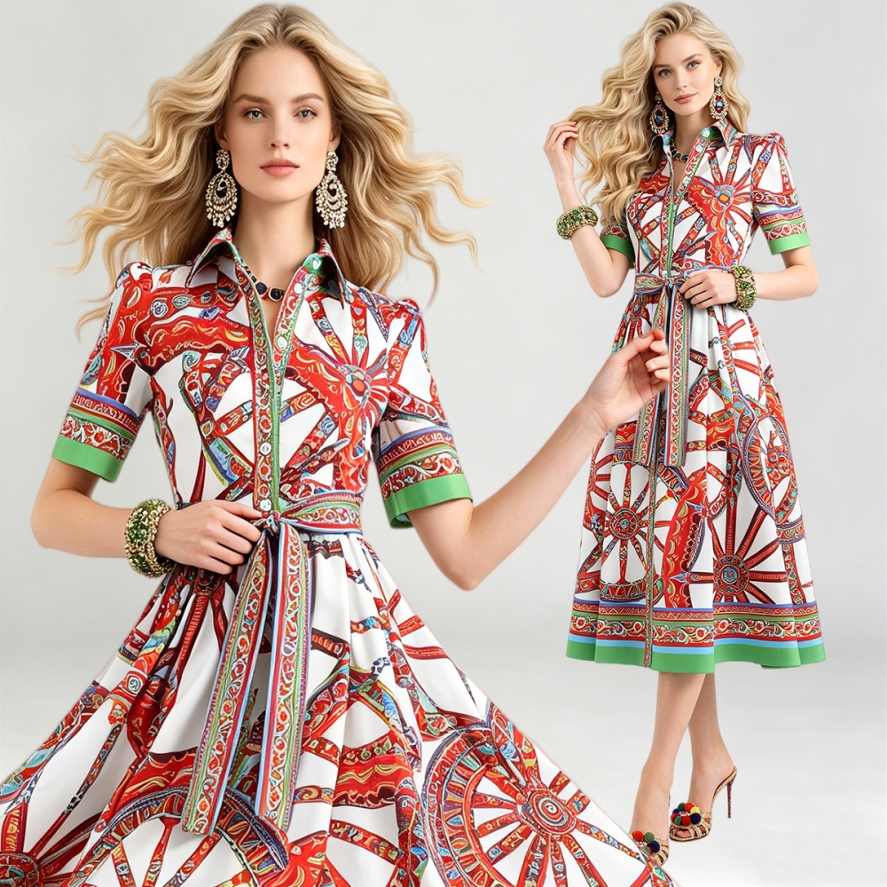 Lapel big skirt pinched waist shirt bandage A-line dress