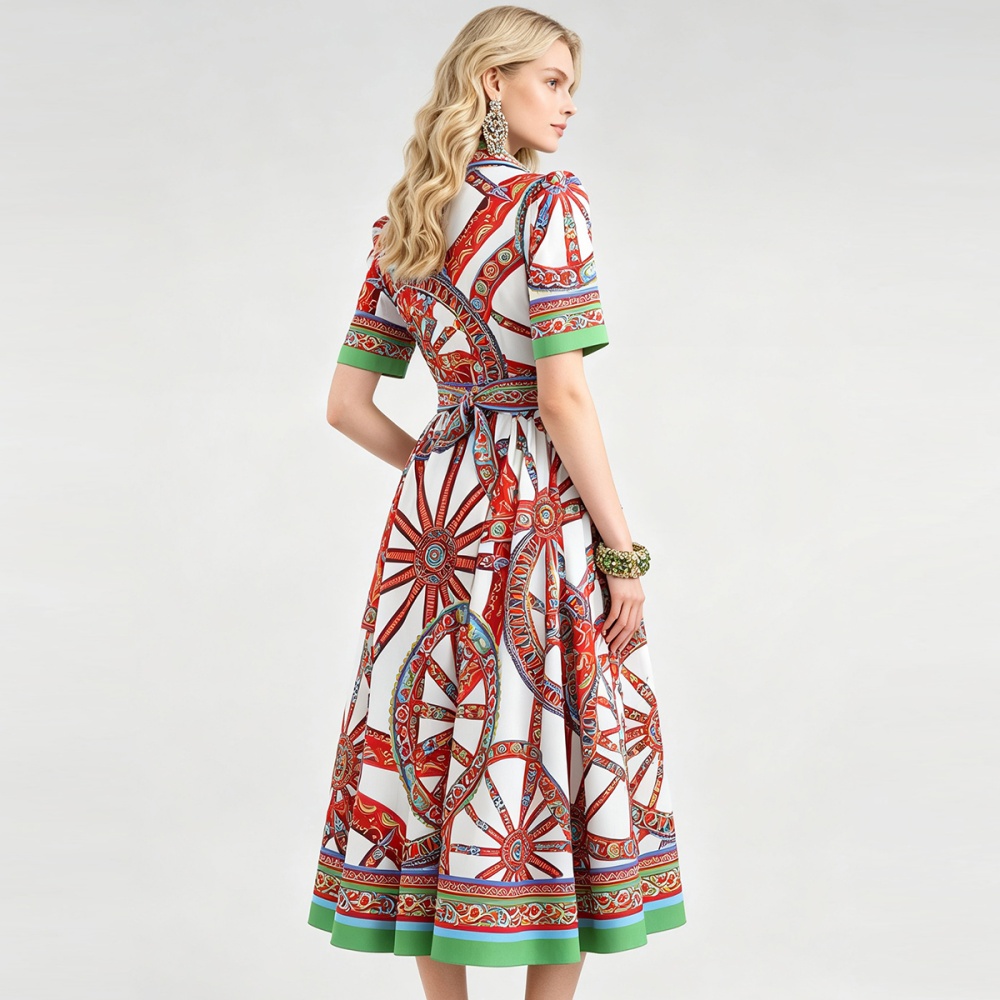 Lapel big skirt pinched waist shirt bandage A-line dress