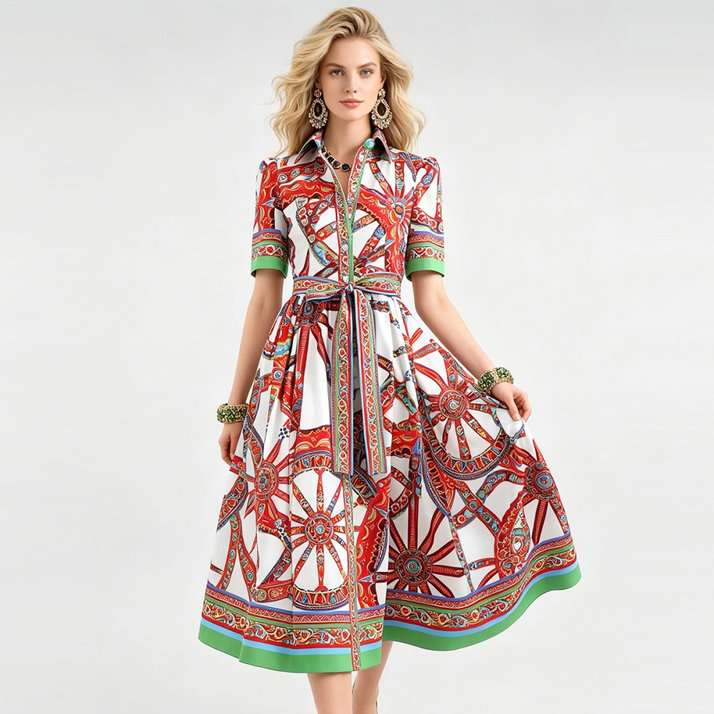 Lapel big skirt pinched waist shirt bandage A-line dress