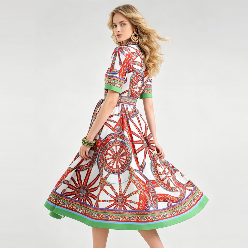 Lapel big skirt pinched waist shirt bandage A-line dress