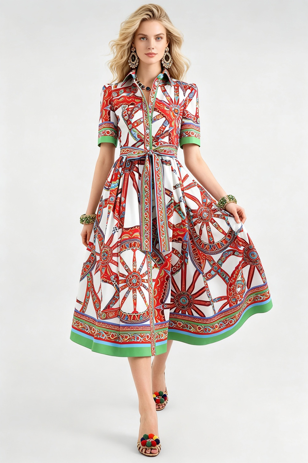 Lapel big skirt pinched waist shirt bandage A-line dress