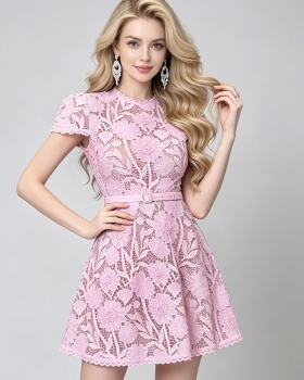 Flowers stereoscopic short sleeve round neck slim lace dress