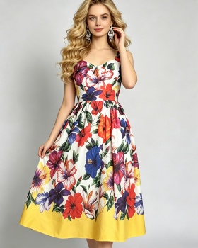 Printing high waist wrapped chest sling dress