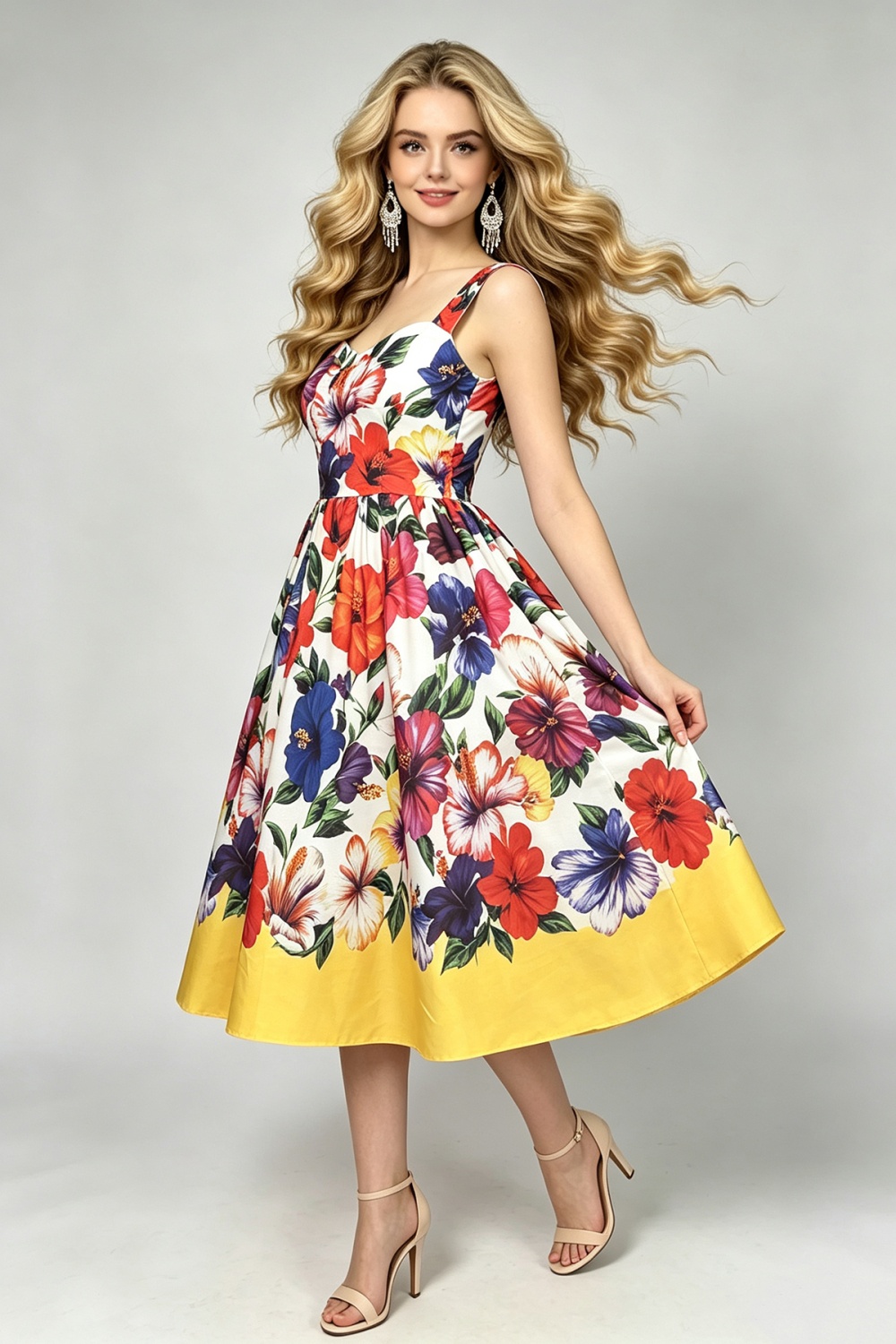 Printing high waist wrapped chest sling dress