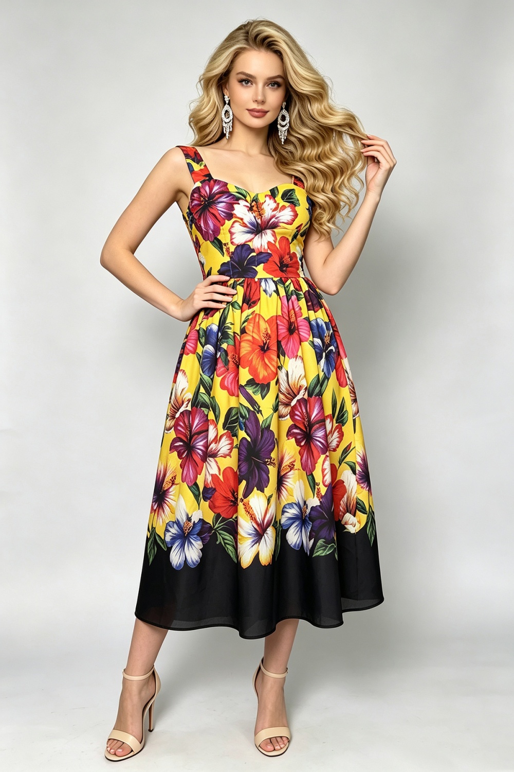 Printing high waist wrapped chest sling dress