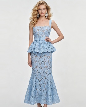 Lace high waist mermaid round neck stereoscopic hollow slim dress