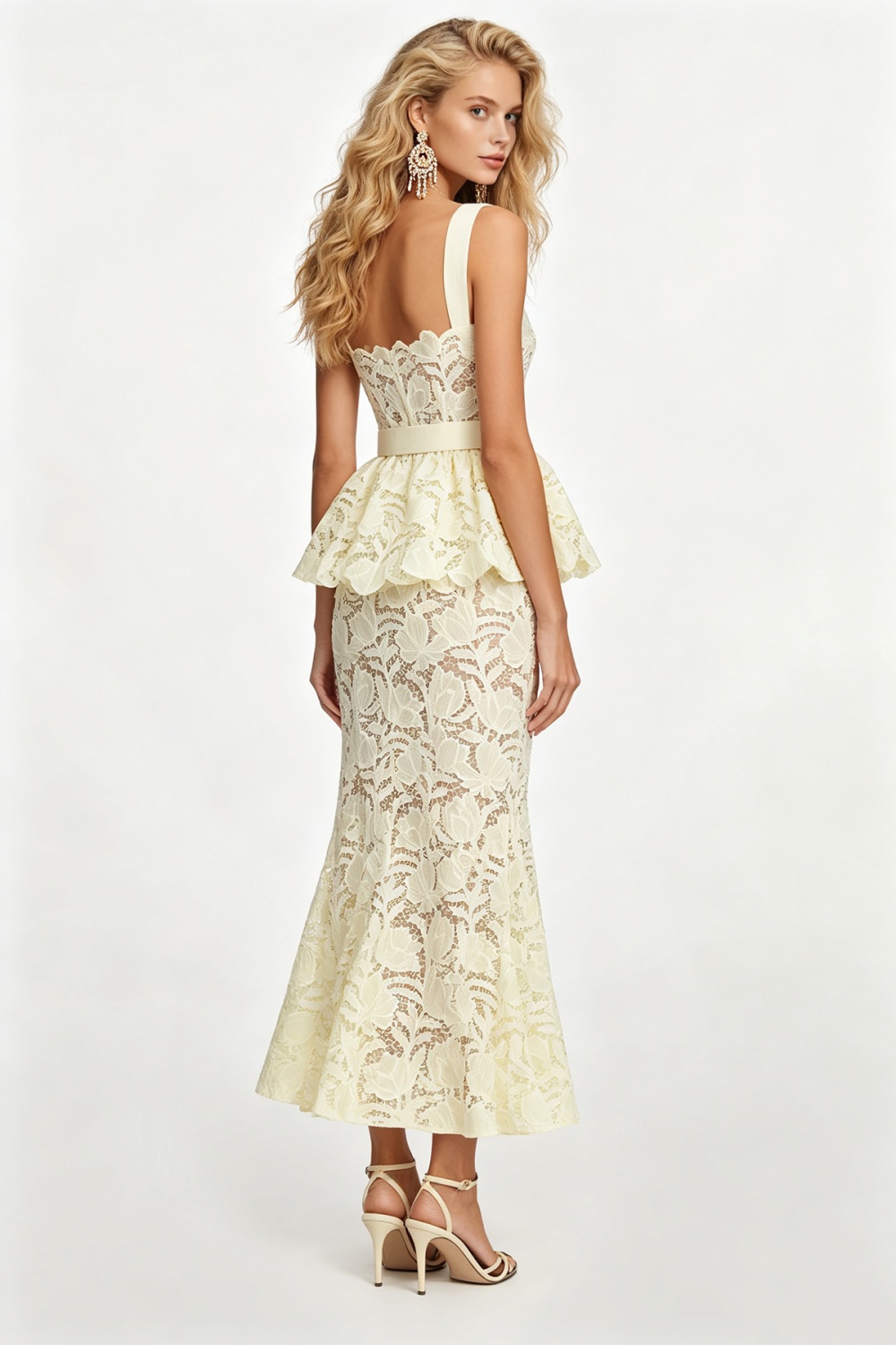 Lace high waist mermaid round neck stereoscopic hollow slim dress