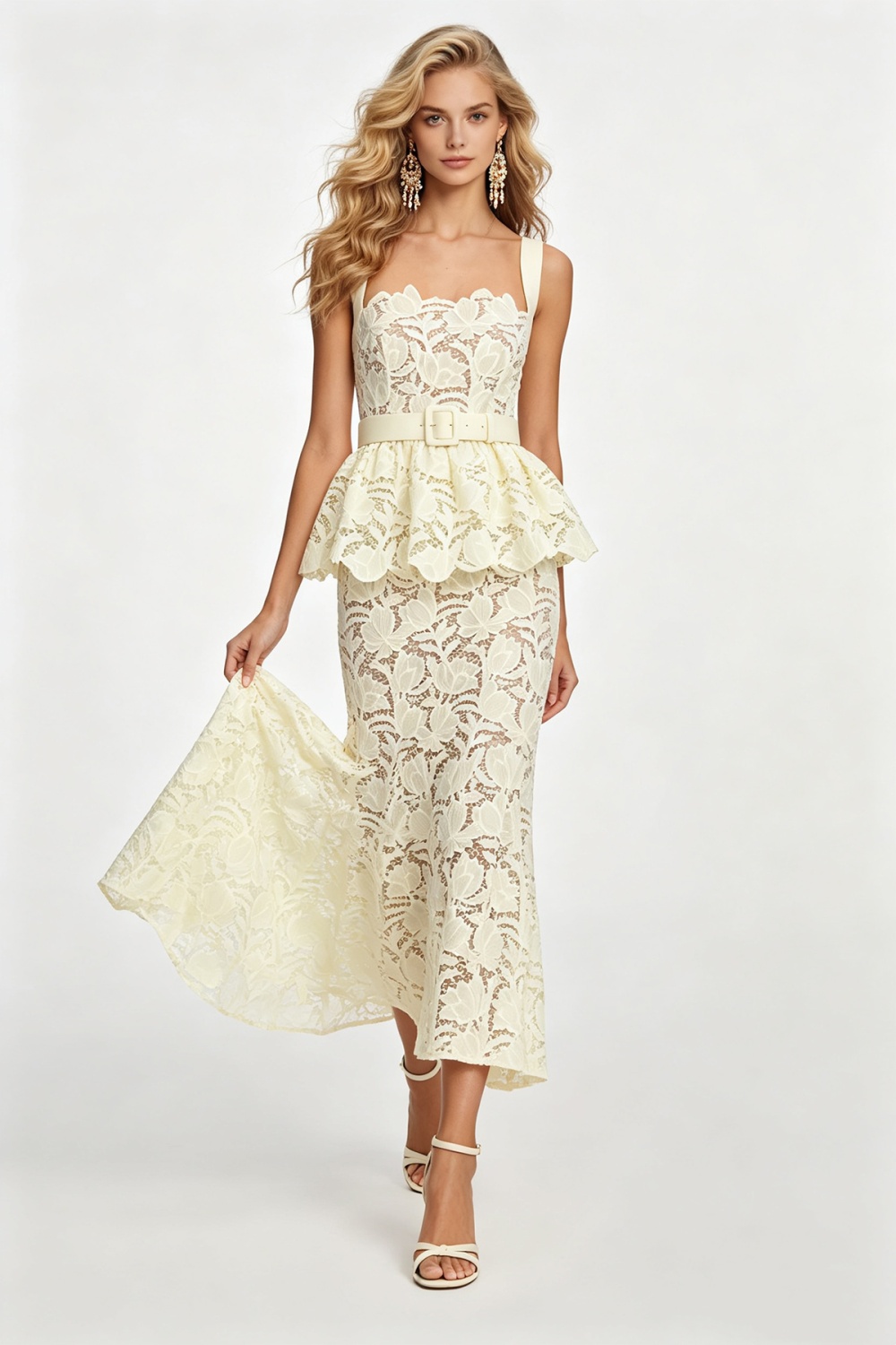 Lace high waist mermaid round neck stereoscopic hollow slim dress