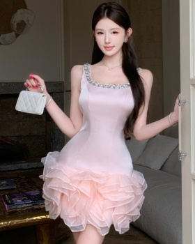 Pinched waist rhinestone dress temperament T-back