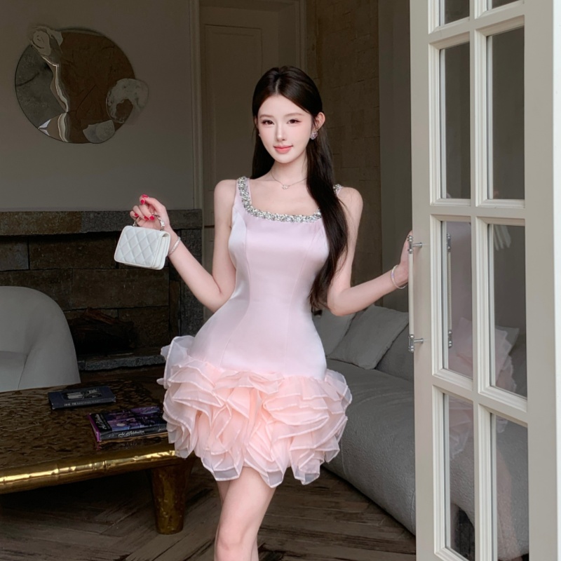 Pinched waist rhinestone dress temperament T-back