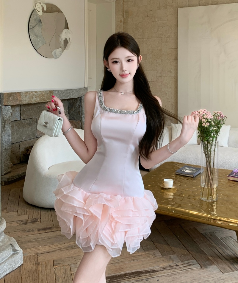 Pinched waist rhinestone dress temperament T-back