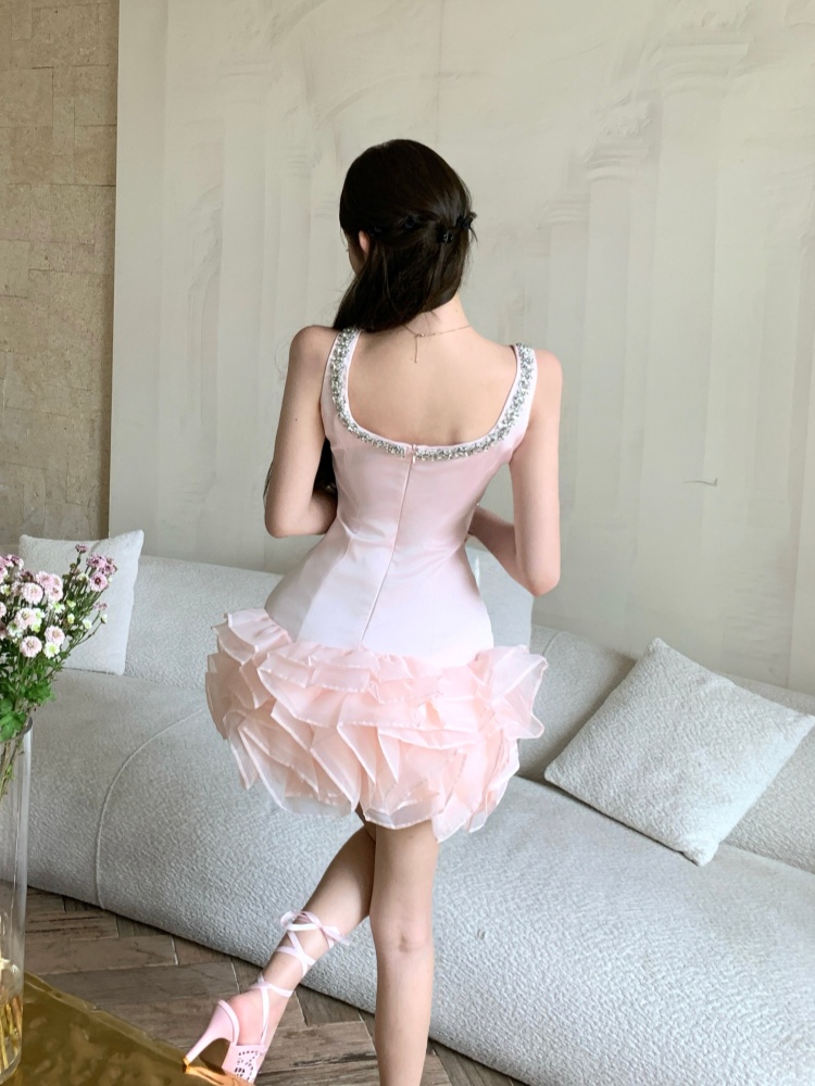 Pinched waist rhinestone dress temperament T-back