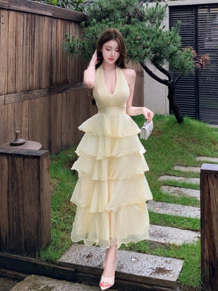Vacation tender chiffon long dress lady halter dress