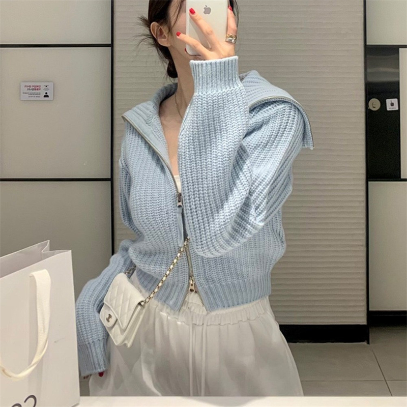 Large lapel short coat zip sweater for women