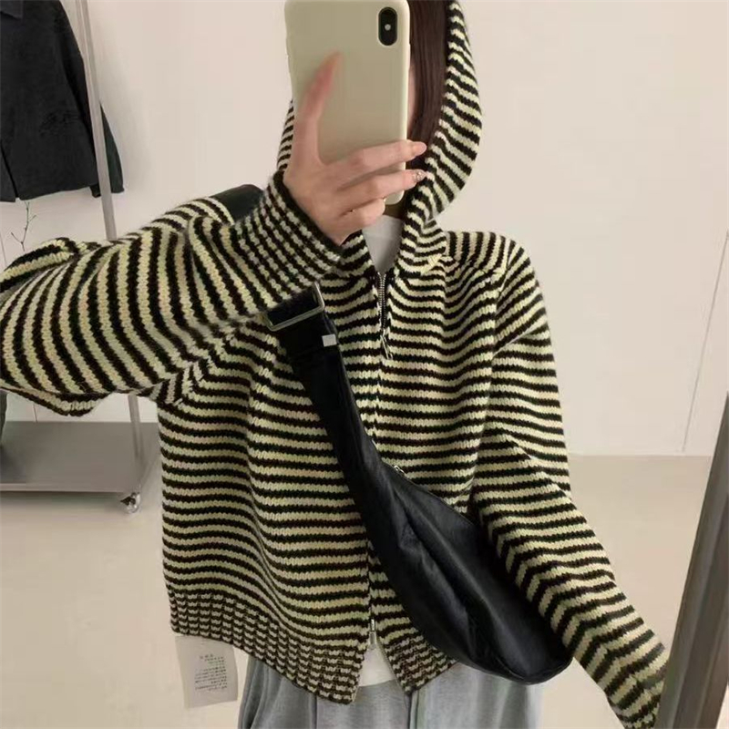 Zip stripe cardigan mixed colors coat for women
