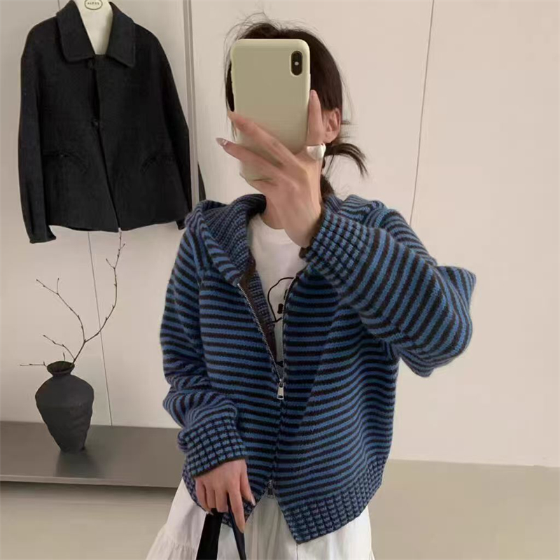 Zip stripe cardigan mixed colors coat for women