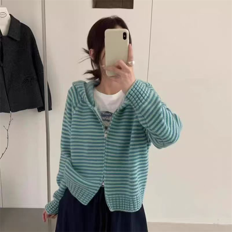 Zip stripe cardigan mixed colors coat for women