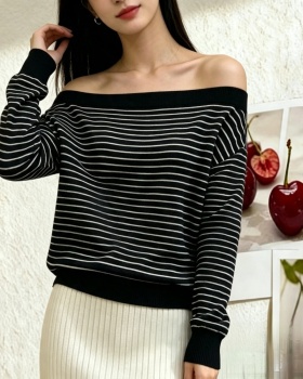 Korean style long sleeve tops oblique collar sweater for women
