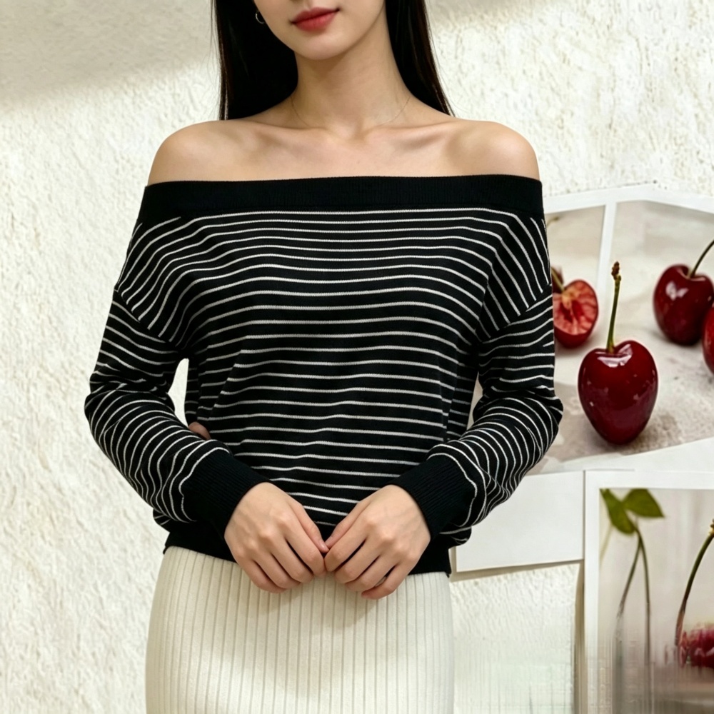 Korean style long sleeve tops oblique collar sweater for women