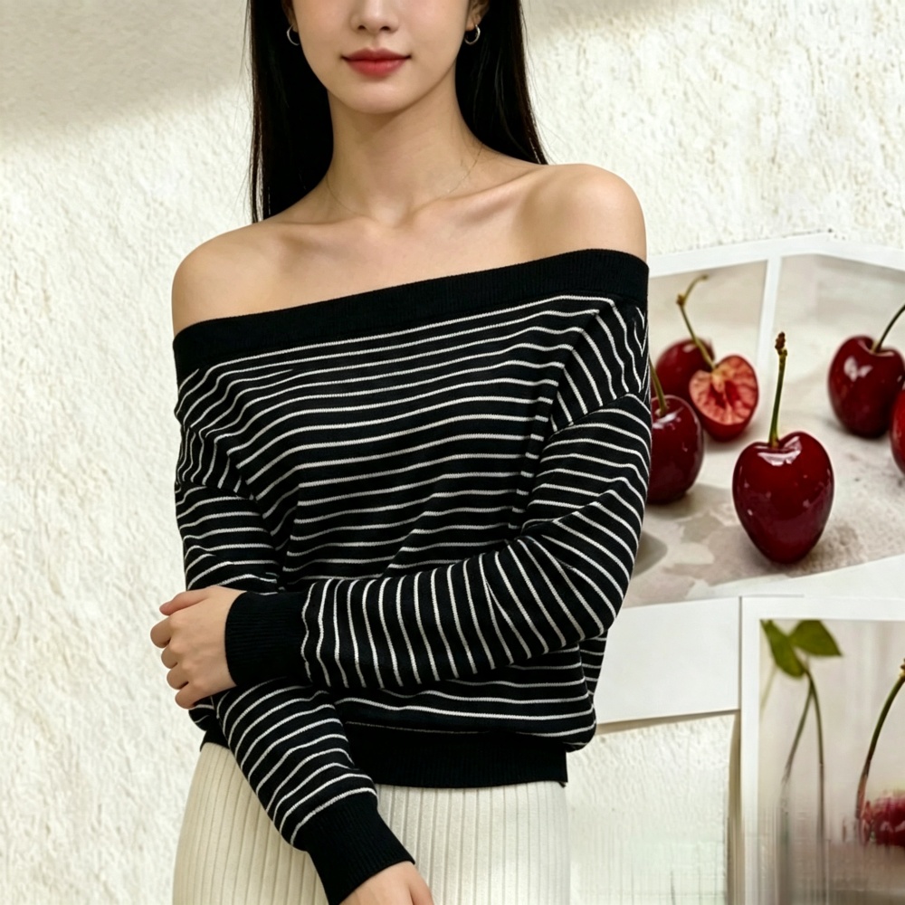 Korean style long sleeve tops oblique collar sweater for women