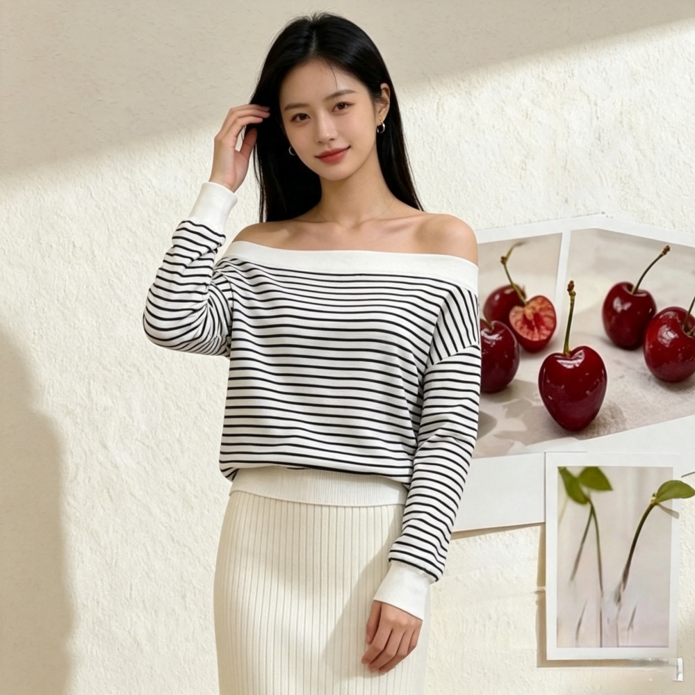 Korean style long sleeve tops oblique collar sweater for women