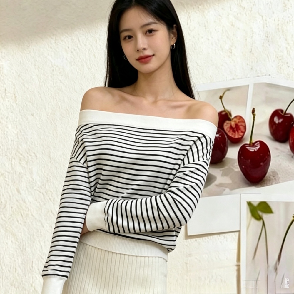 Korean style long sleeve tops oblique collar sweater for women