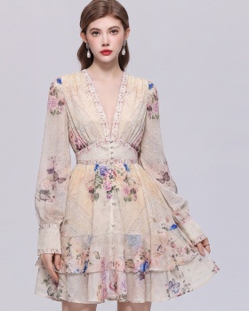 Tender lantern sleeve dress V-neck printing T-back