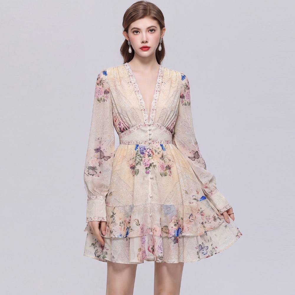 Tender lantern sleeve dress V-neck printing T-back