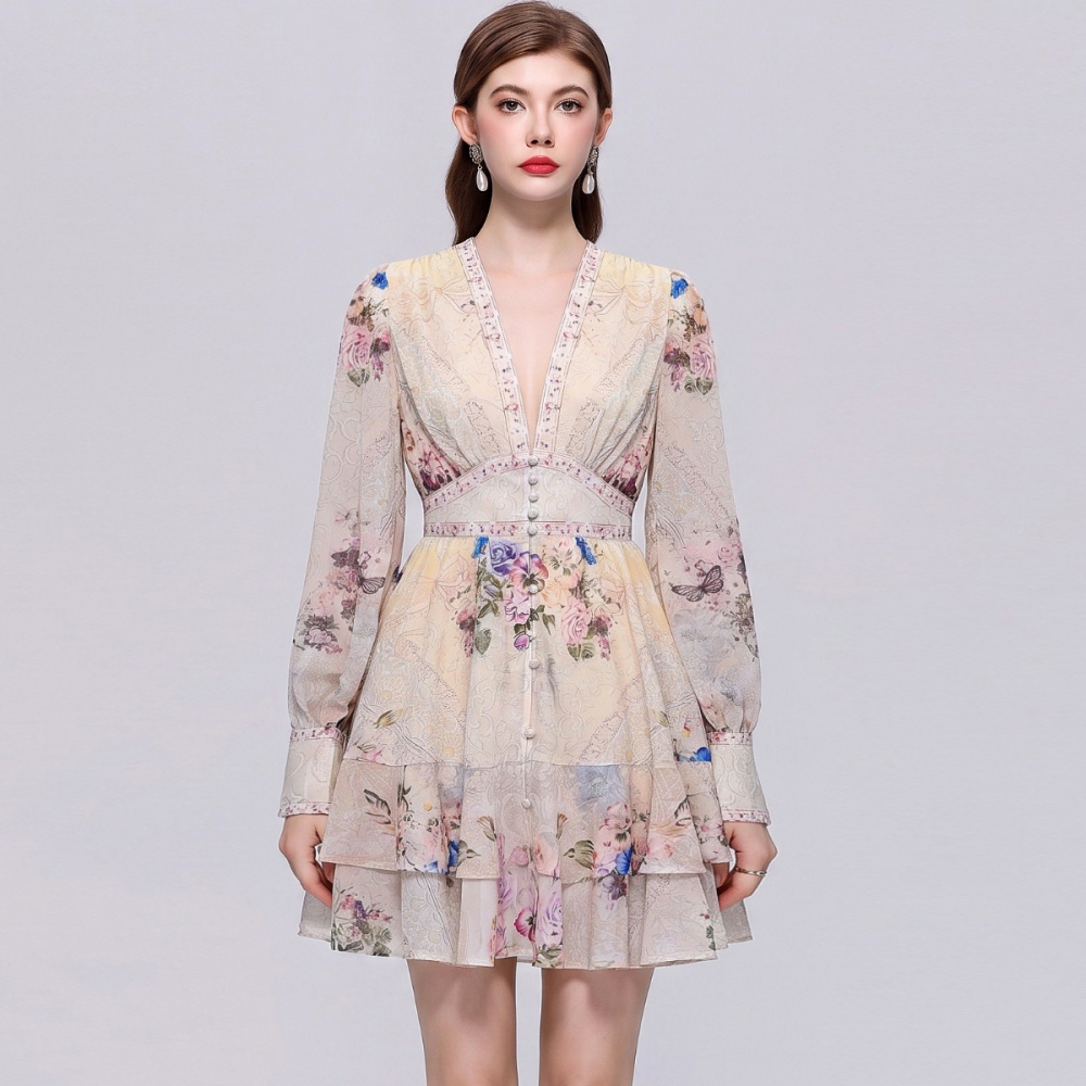 Tender lantern sleeve dress V-neck printing T-back