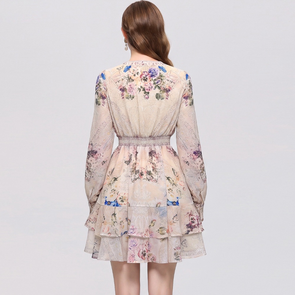 Tender lantern sleeve dress V-neck printing T-back