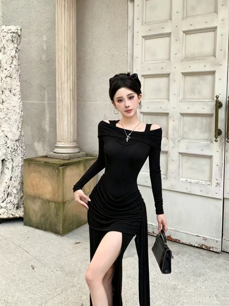 Fold drape long sleeve dress hooded slim long dress
