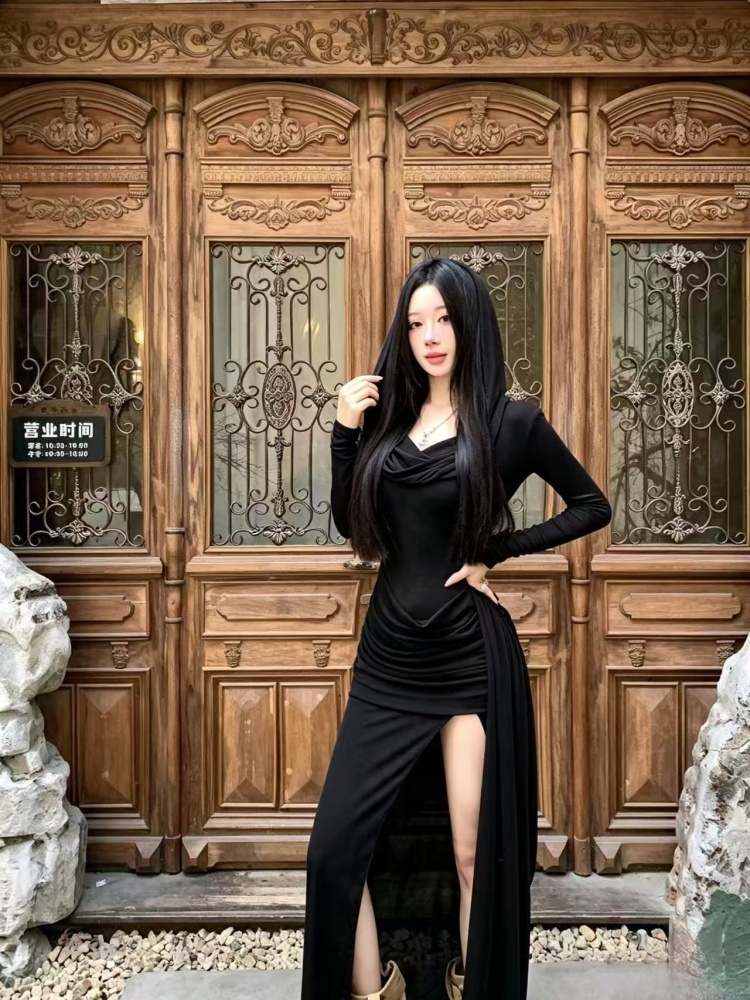 Fold drape long sleeve dress hooded slim long dress