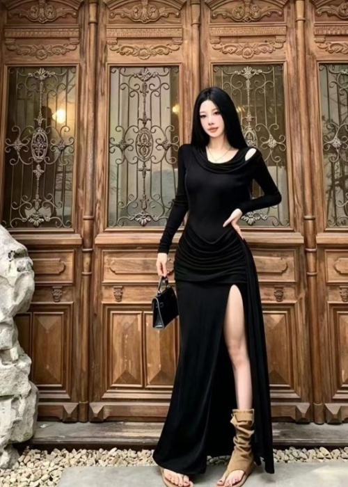 Fold drape long sleeve dress hooded slim long dress