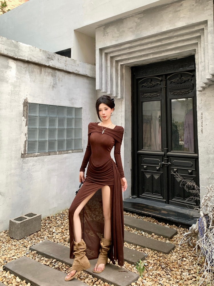 Fold drape long sleeve dress hooded slim long dress