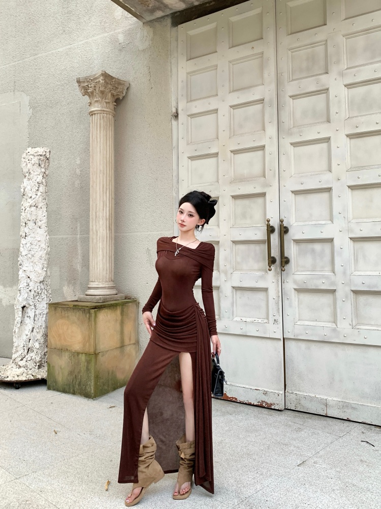 Fold drape long sleeve dress hooded slim long dress