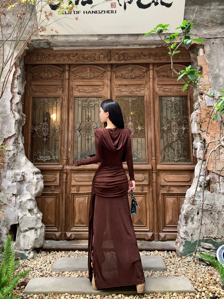 Fold drape long sleeve dress hooded slim long dress