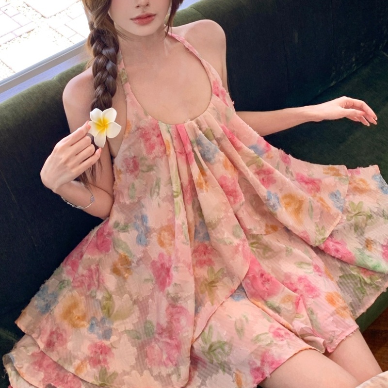 Floral big skirt colors blooming vacation halter dress
