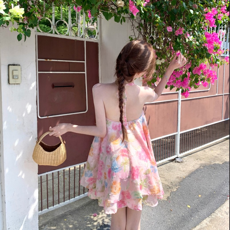 Floral big skirt colors blooming vacation halter dress