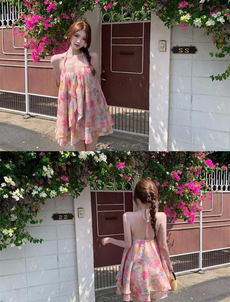 Floral big skirt colors blooming vacation halter dress