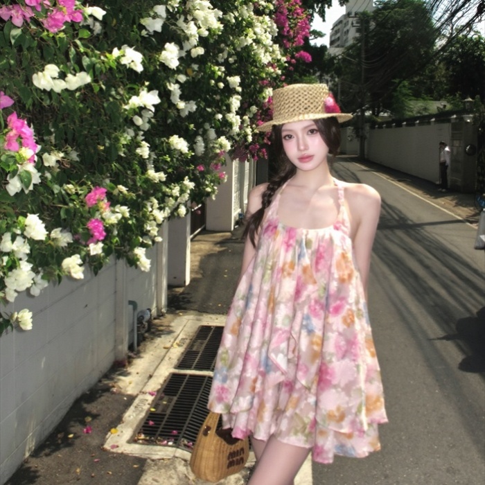 Floral big skirt colors blooming vacation halter dress