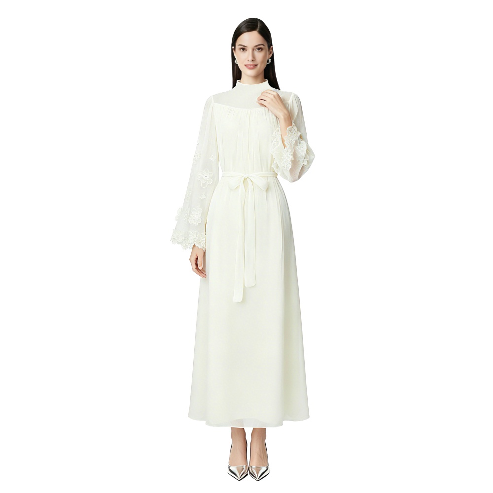Colors round neck long frenum stereoscopic dress