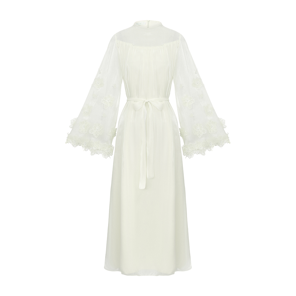 Colors round neck long frenum stereoscopic dress