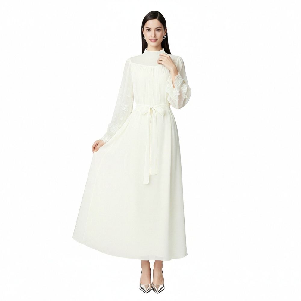 Colors round neck long frenum stereoscopic dress