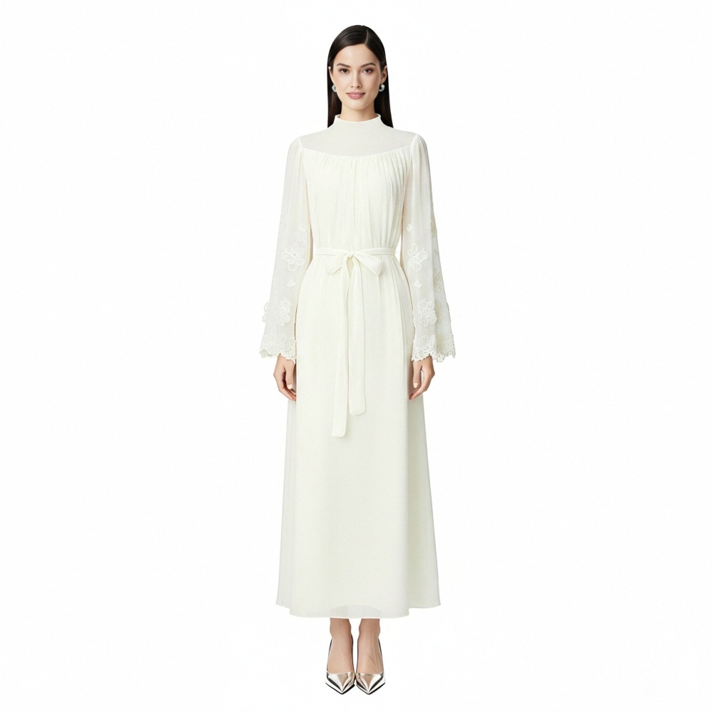 Colors round neck long frenum stereoscopic dress