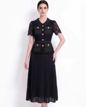 High waist long pleated lapel lace Pseudo-two dress