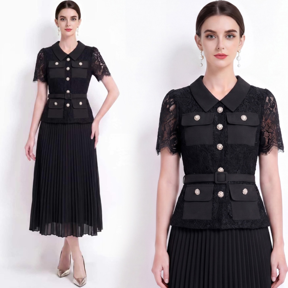 High waist long pleated lapel lace Pseudo-two dress
