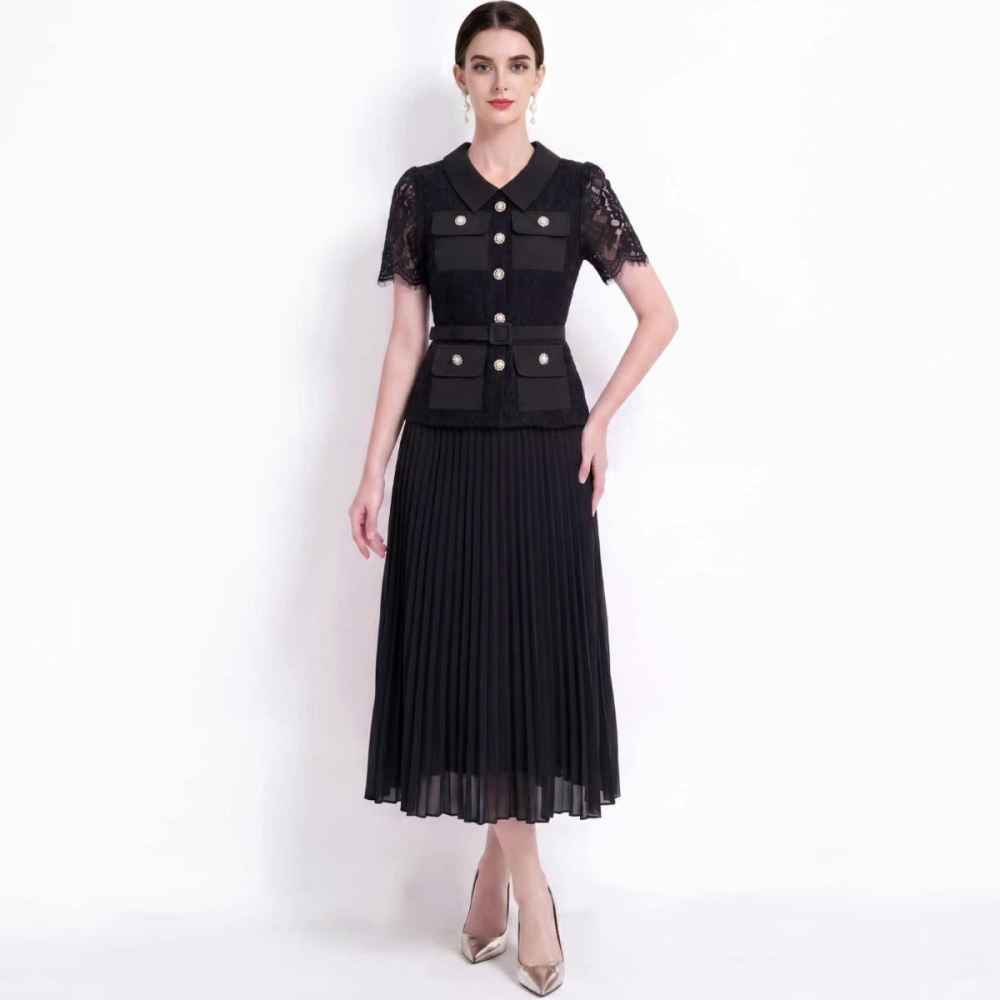 High waist long pleated lapel lace Pseudo-two dress