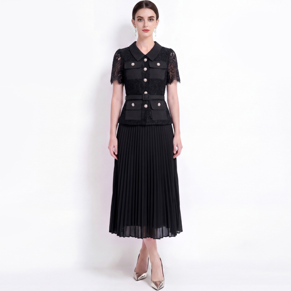 High waist long pleated lapel lace Pseudo-two dress